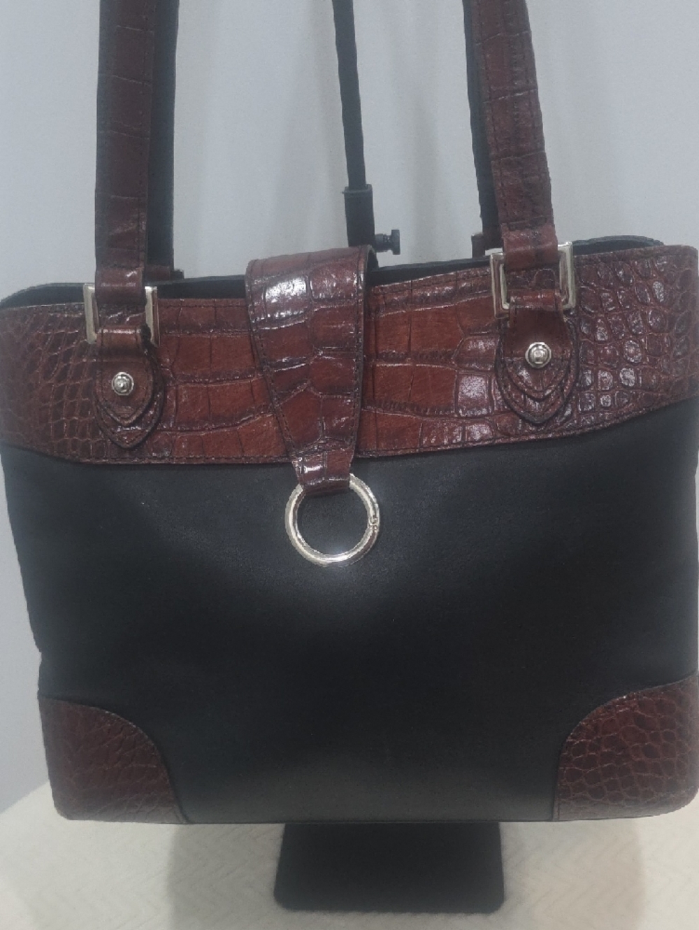 Jack Georges Venezia Veronica Two-Tone Black and  Brown Tote Leather Handbag - Picture 2 of 14